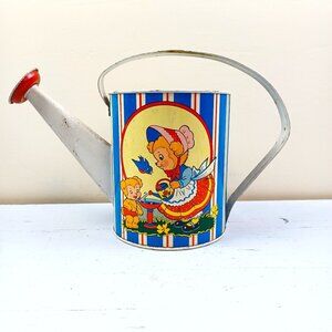 Vintage Tin Watering Can With Nursery Bear Graphics & Striped Design Metal Garde